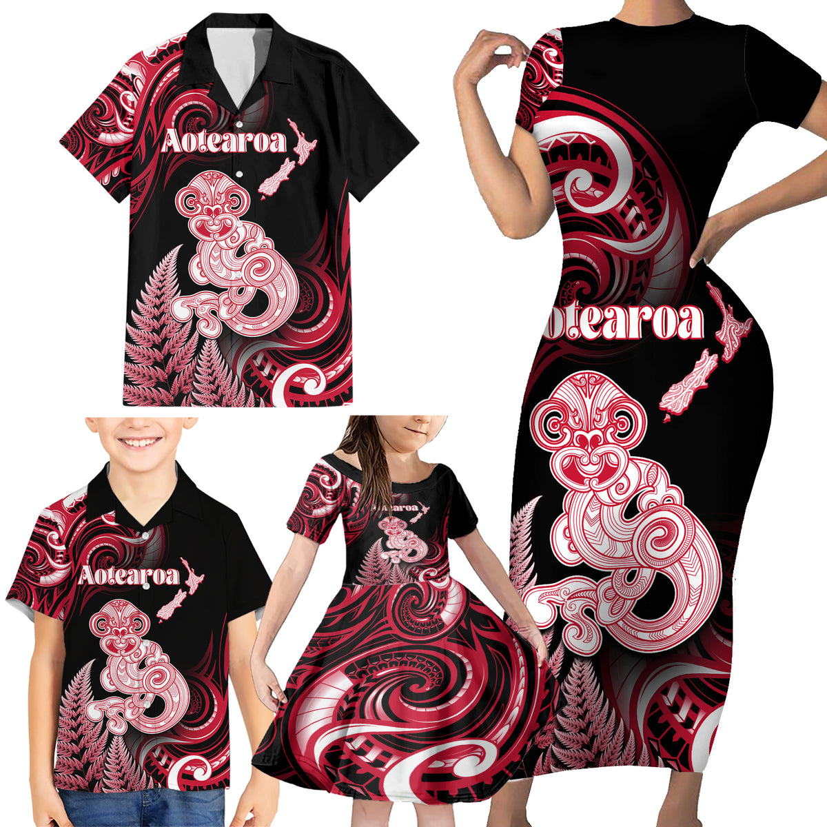 Personalised New Zealand Maori Taniwha Family Matching Short Sleeve Bodycon Dress and Hawaiian Shirt Silver Fern Red Version LT05 - Polynesian Pride