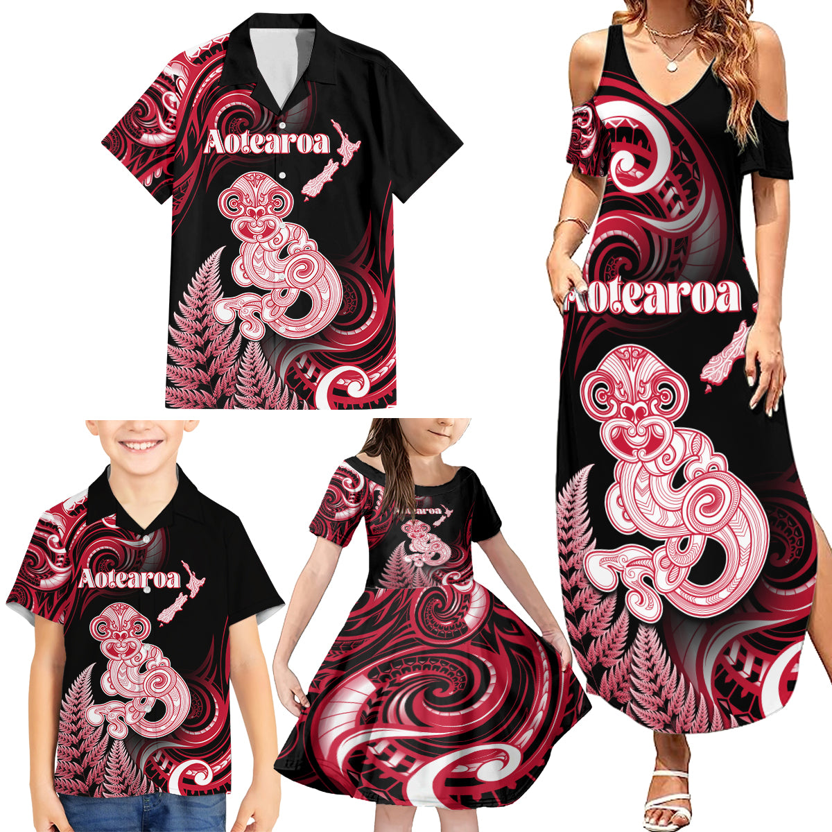 Personalised New Zealand Maori Taniwha Family Matching Summer Maxi Dress and Hawaiian Shirt Silver Fern Red Version LT05 - Polynesian Pride