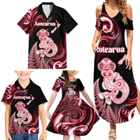 Personalised New Zealand Maori Taniwha Family Matching Summer Maxi Dress and Hawaiian Shirt Silver Fern Red Version LT05 - Polynesian Pride