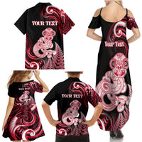 Personalised New Zealand Maori Taniwha Family Matching Summer Maxi Dress and Hawaiian Shirt Silver Fern Red Version LT05 - Polynesian Pride