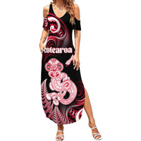 Personalised New Zealand Maori Taniwha Family Matching Summer Maxi Dress and Hawaiian Shirt Silver Fern Red Version LT05 Mom's Dress Red - Polynesian Pride