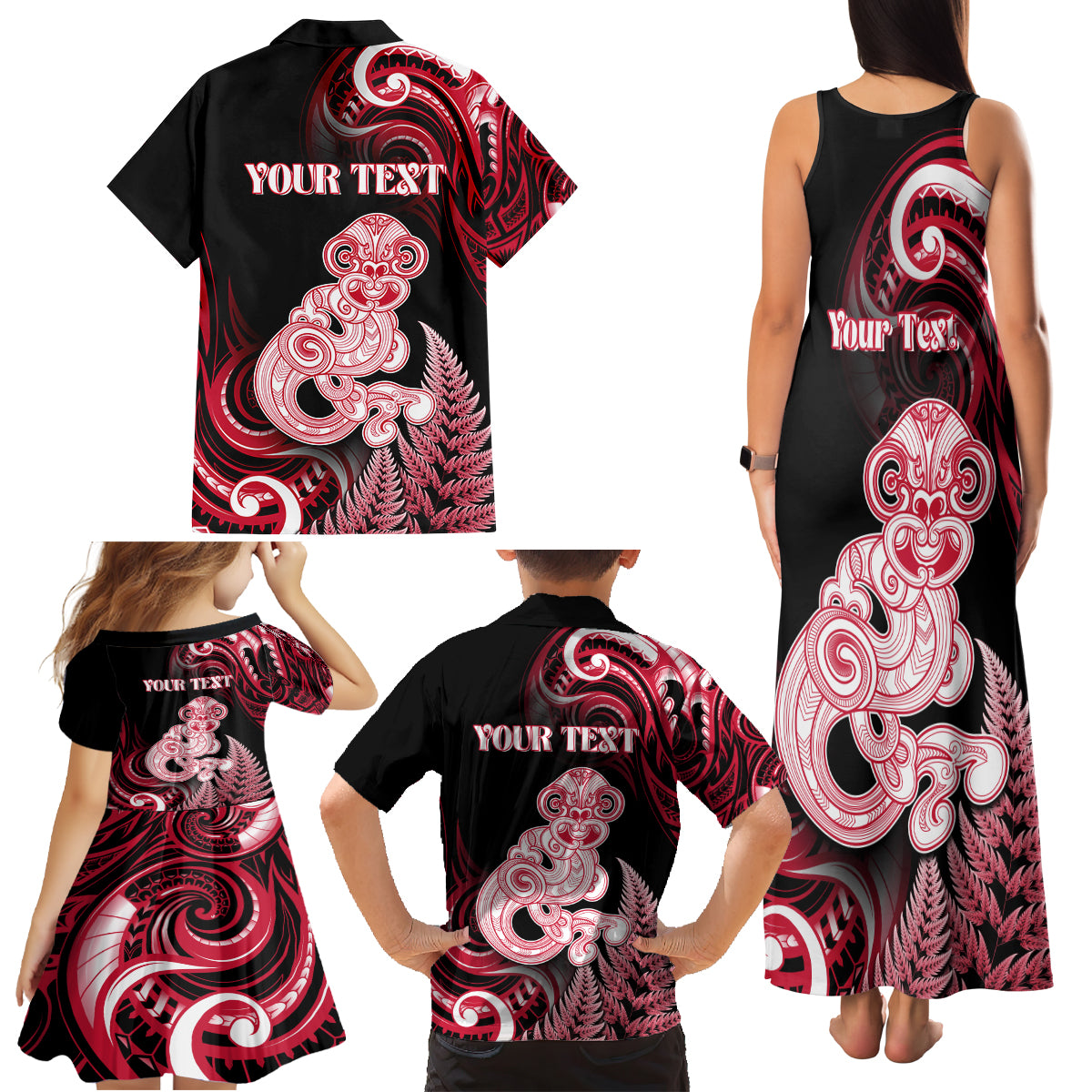 Personalised New Zealand Maori Taniwha Family Matching Tank Maxi Dress and Hawaiian Shirt Silver Fern Red Version LT05 - Polynesian Pride