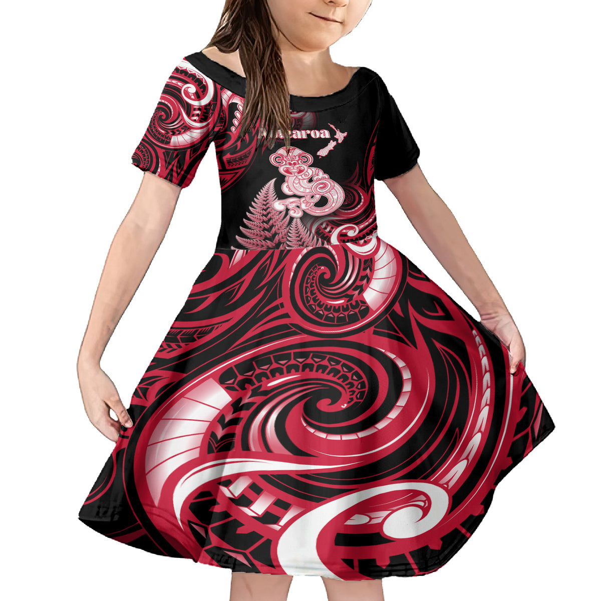 Personalised New Zealand Maori Taniwha Kid Short Sleeve Dress Silver Fern Red Version LT05 KID Red - Polynesian Pride