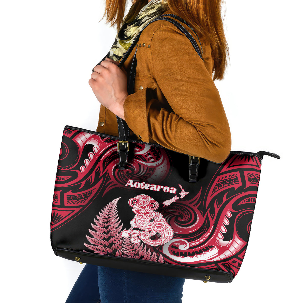New Zealand Maori Taniwha Leather Tote Bag Silver Fern Red Version LT05 Red - Polynesian Pride