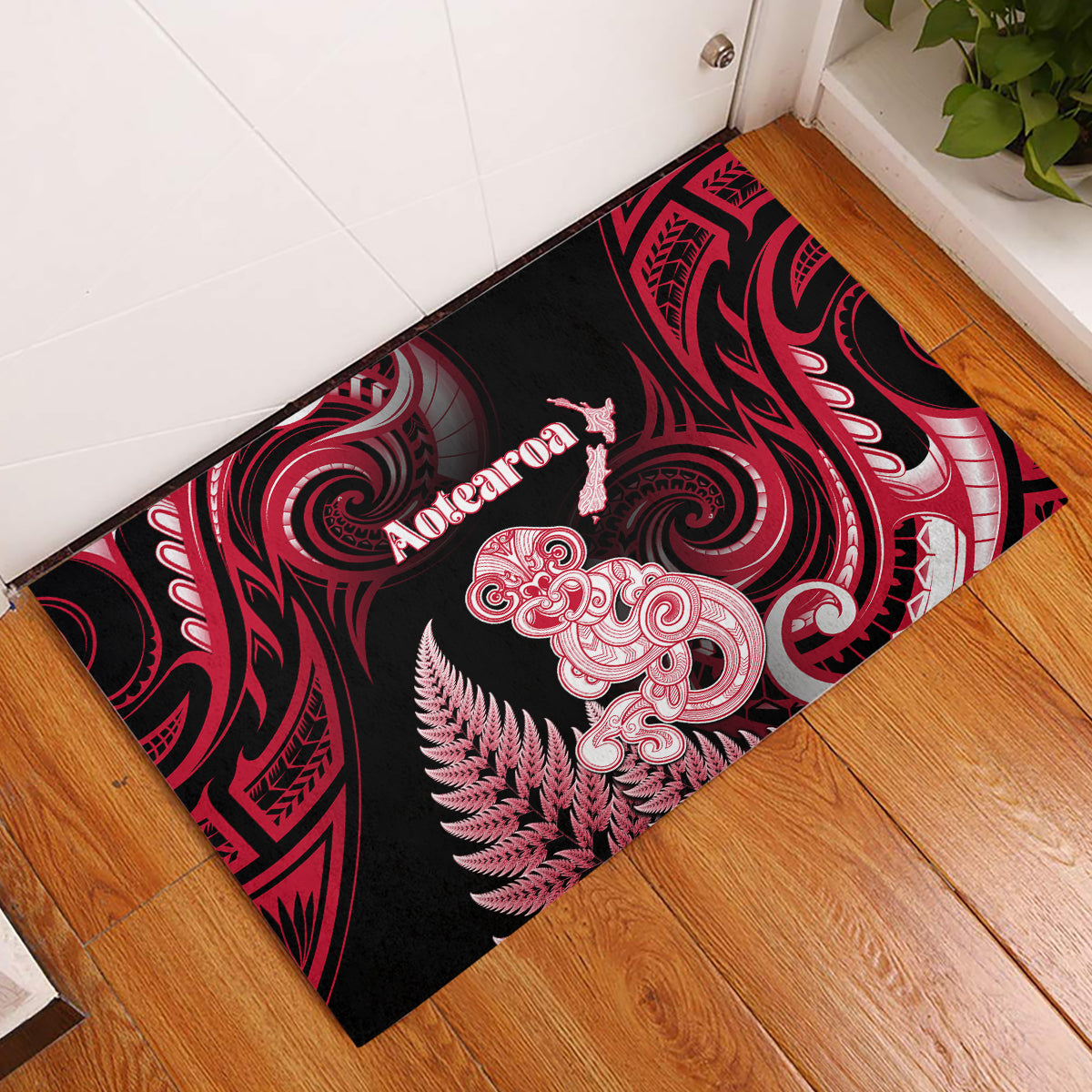 New Zealand Maori Taniwha Rubber Doormat Silver Fern Red Version LT05 Red - Polynesian Pride