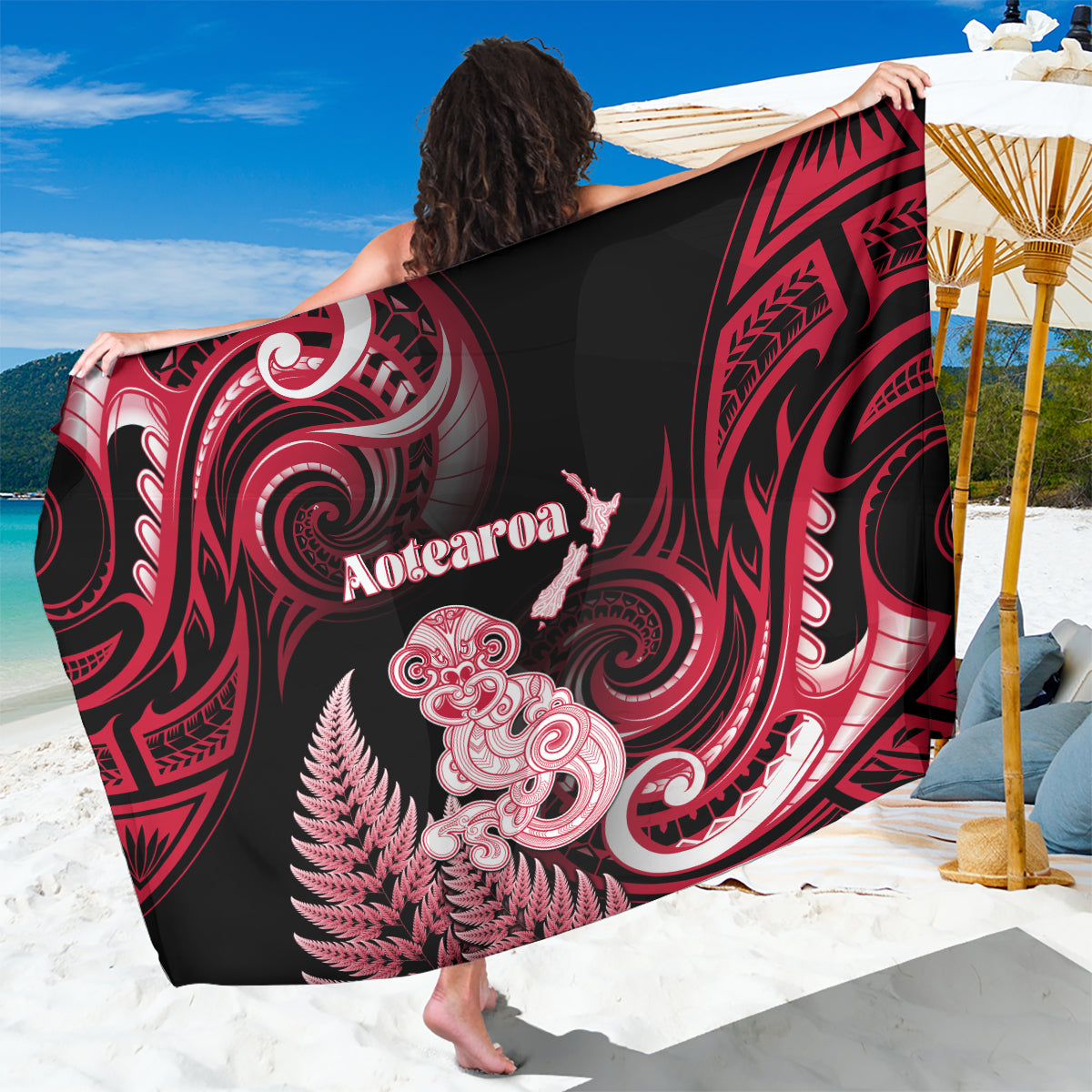 New Zealand Maori Taniwha Sarong Silver Fern Red Version