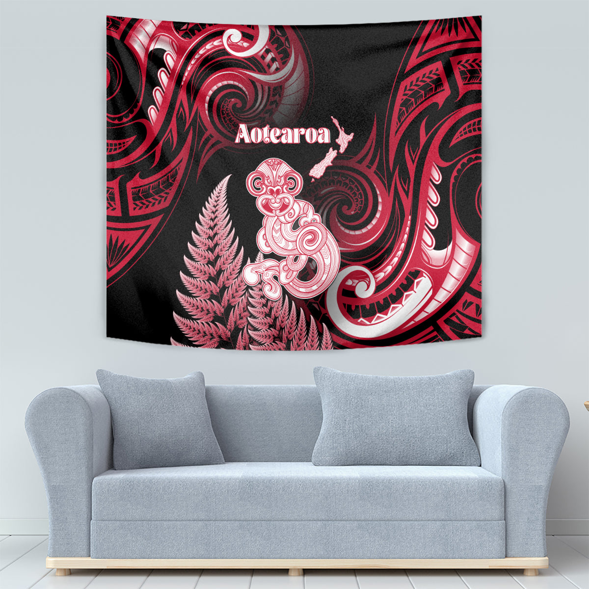 New Zealand Maori Taniwha Tapestry Silver Fern Red Version
