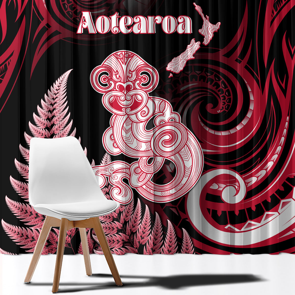 New Zealand Maori Taniwha Window Curtain Silver Fern Red Version