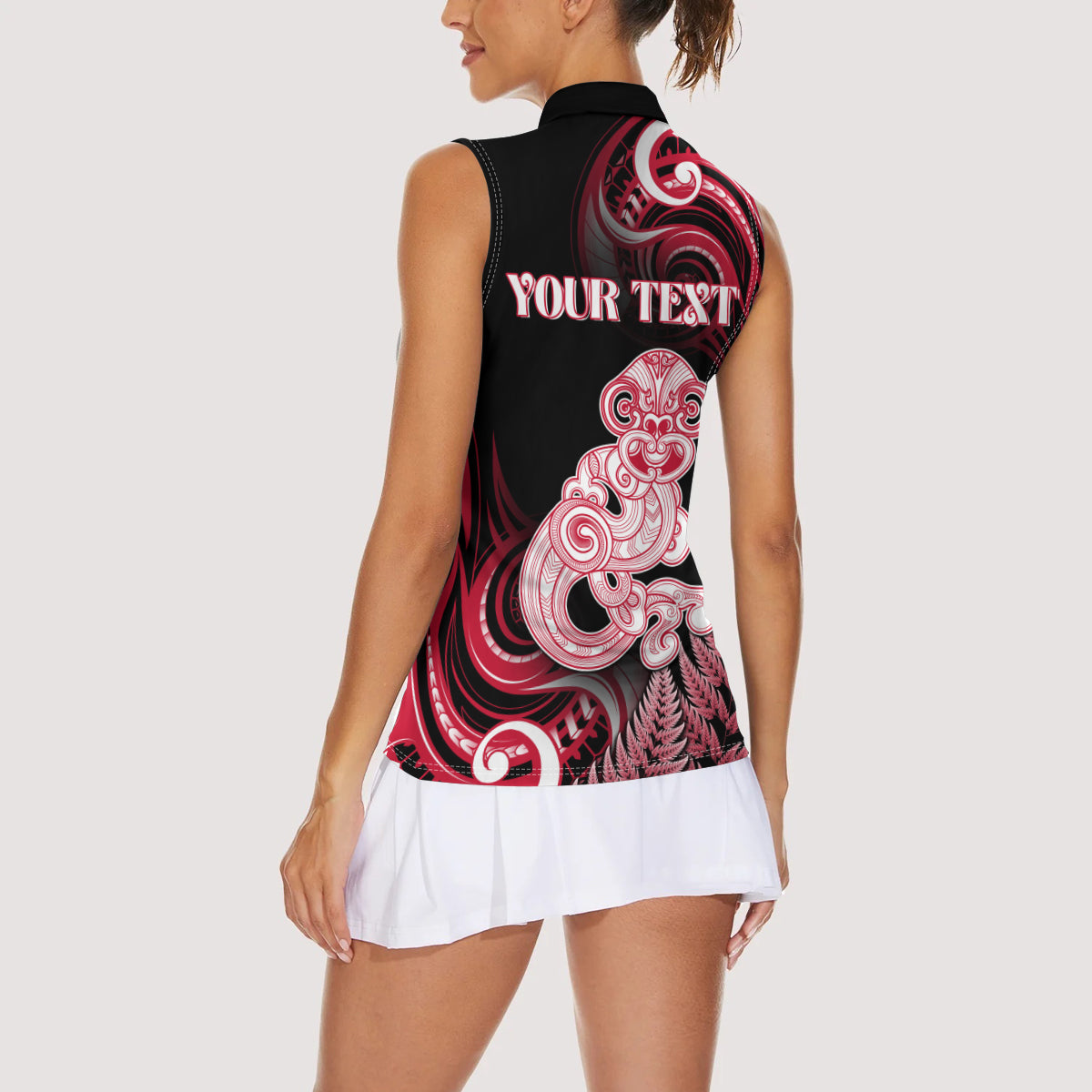 Personalised New Zealand Maori Taniwha Women Sleeveless Polo Shirt Silver Fern Red Version