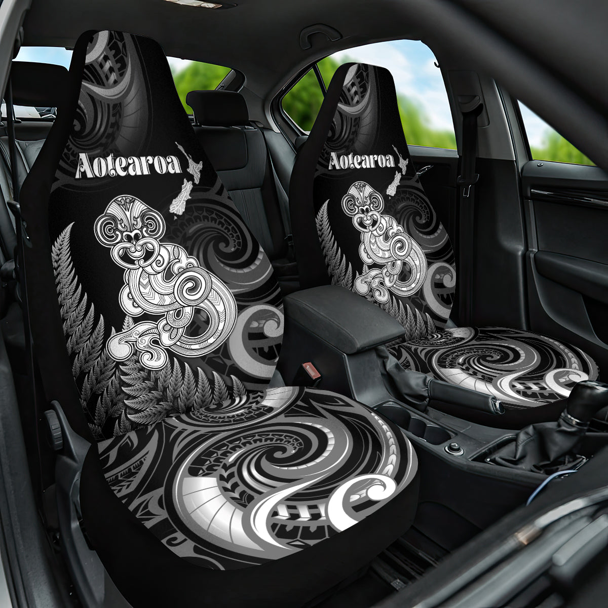New Zealand Maori Taniwha Car Seat Cover Silver Fern Black Version