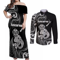 Personalised New Zealand Maori Taniwha Couples Matching Off Shoulder Maxi Dress and Long Sleeve Button Shirt Silver Fern Black Version LT05 Black - Polynesian Pride