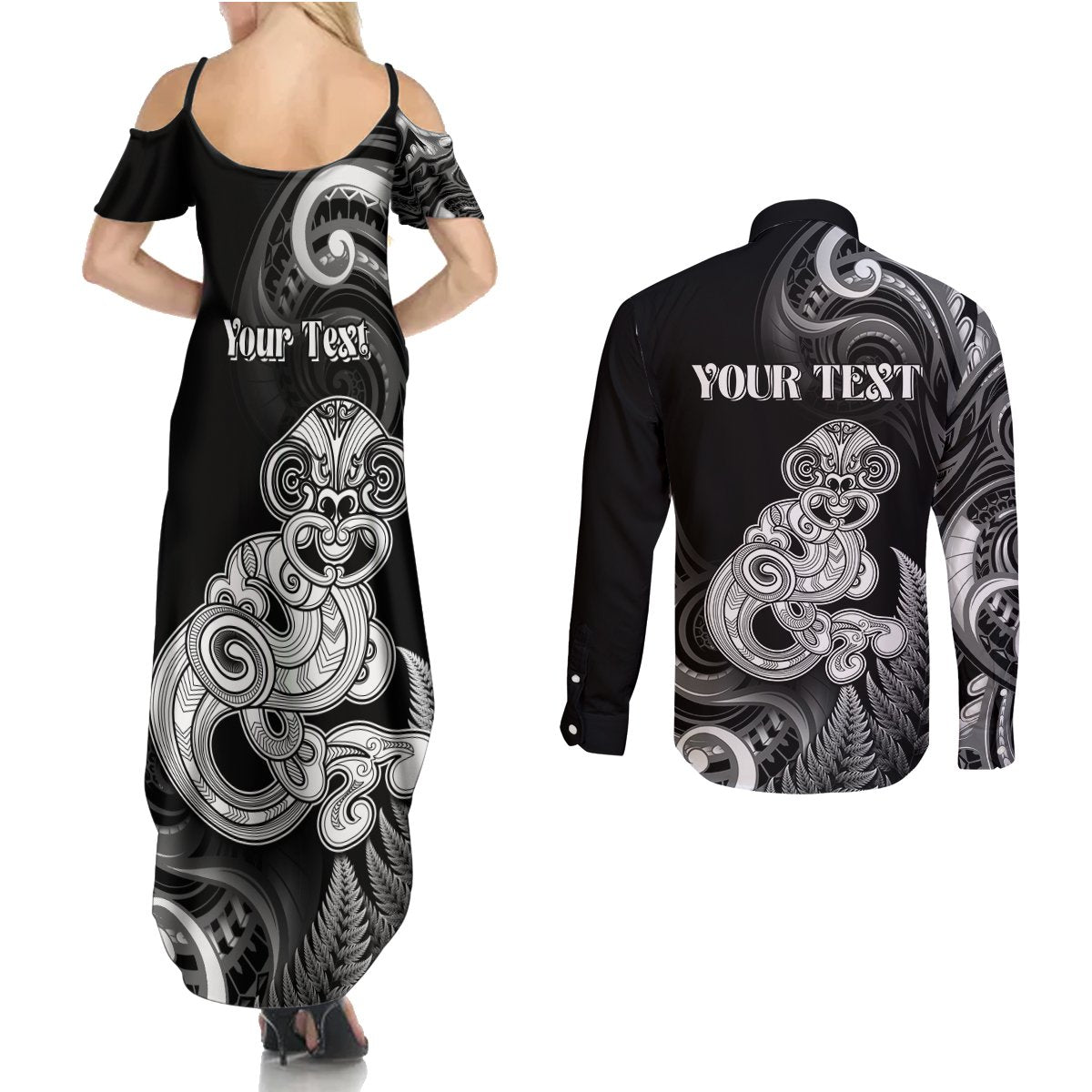 Personalised New Zealand Maori Taniwha Couples Matching Summer Maxi Dress and Long Sleeve Button Shirt Silver Fern Black Version LT05 - Polynesian Pride