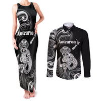 Personalised New Zealand Maori Taniwha Couples Matching Tank Maxi Dress and Long Sleeve Button Shirt Silver Fern Black Version