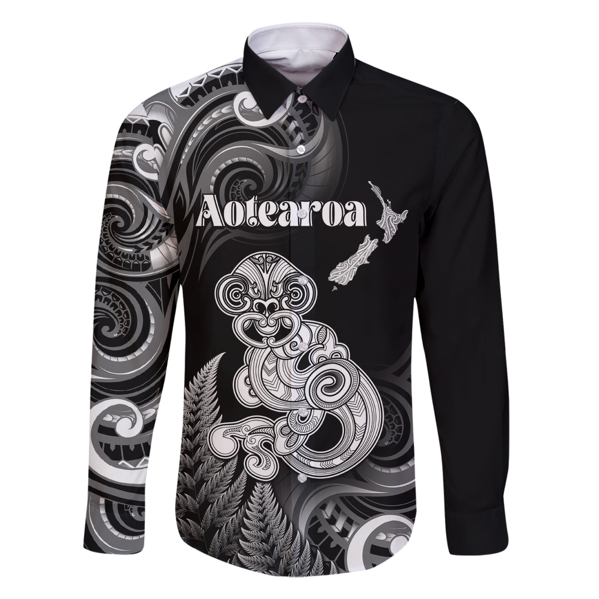 Personalised New Zealand Maori Taniwha Family Matching Long Sleeve Bodycon Dress and Hawaiian Shirt Silver Fern Black Version