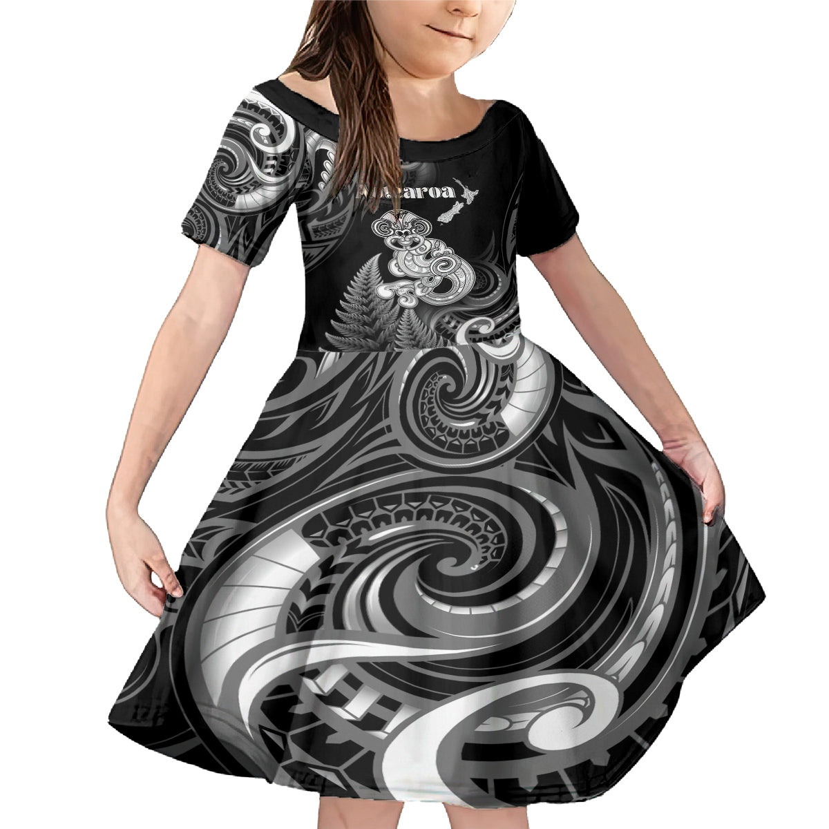 Personalised New Zealand Maori Taniwha Family Matching Mermaid Dress and Hawaiian Shirt Silver Fern Black Version LT05 Daughter's Dress Black - Polynesian Pride