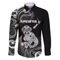 Personalised New Zealand Maori Taniwha Family Matching Off The Shoulder Long Sleeve Dress and Hawaiian Shirt Silver Fern Black Version