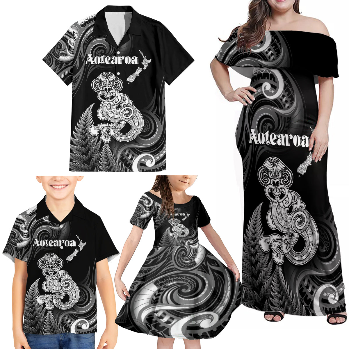 Personalised New Zealand Maori Taniwha Family Matching Off Shoulder Maxi Dress and Hawaiian Shirt Silver Fern Black Version LT05 - Polynesian Pride