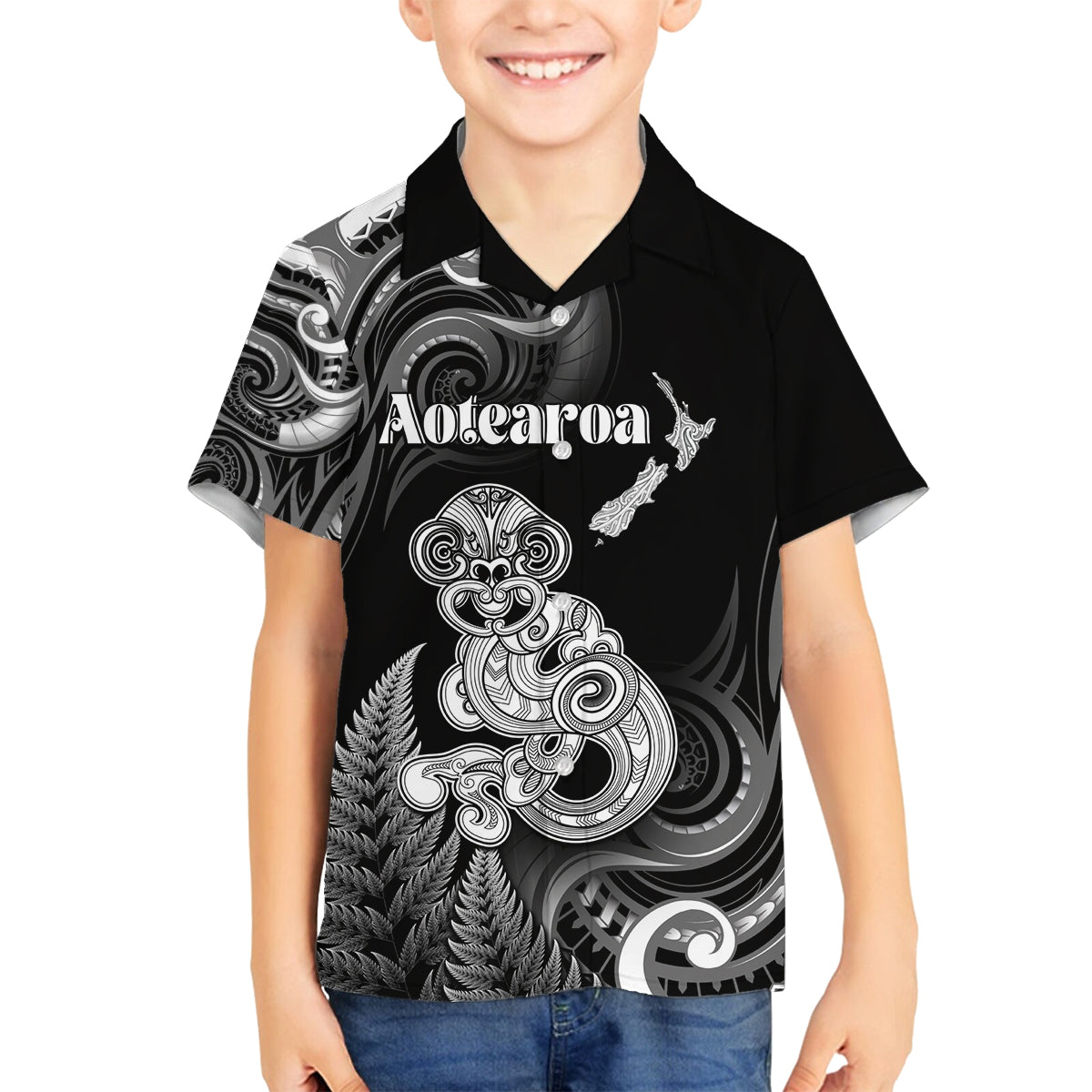 Personalised New Zealand Maori Taniwha Family Matching Off Shoulder Maxi Dress and Hawaiian Shirt Silver Fern Black Version LT05 Son's Shirt Black - Polynesian Pride