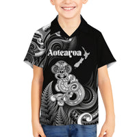 Personalised New Zealand Maori Taniwha Family Matching Off Shoulder Short Dress and Hawaiian Shirt Silver Fern Black Version LT05 Son's Shirt Black - Polynesian Pride