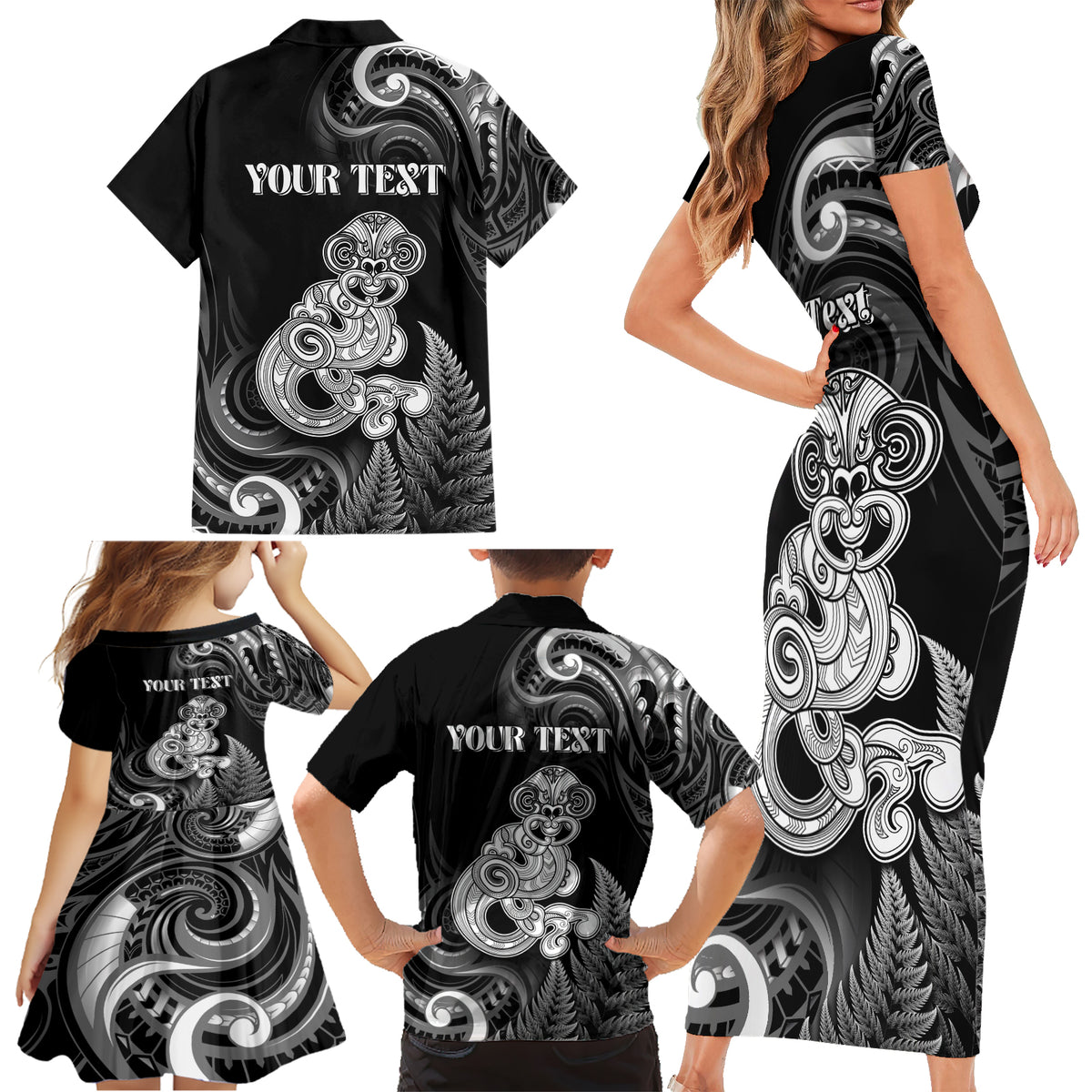 Personalised New Zealand Maori Taniwha Family Matching Short Sleeve Bodycon Dress and Hawaiian Shirt Silver Fern Black Version LT05 - Polynesian Pride