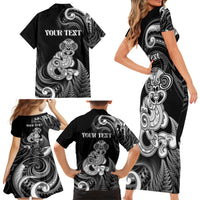 Personalised New Zealand Maori Taniwha Family Matching Short Sleeve Bodycon Dress and Hawaiian Shirt Silver Fern Black Version LT05 - Polynesian Pride