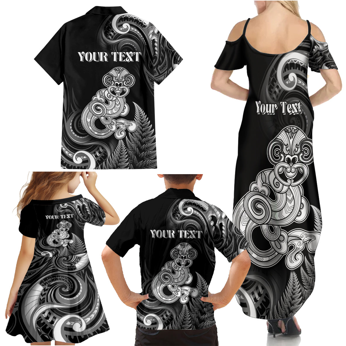 Personalised New Zealand Maori Taniwha Family Matching Summer Maxi Dress and Hawaiian Shirt Silver Fern Black Version LT05 - Polynesian Pride