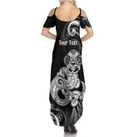 Personalised New Zealand Maori Taniwha Family Matching Summer Maxi Dress and Hawaiian Shirt Silver Fern Black Version LT05 - Polynesian Pride
