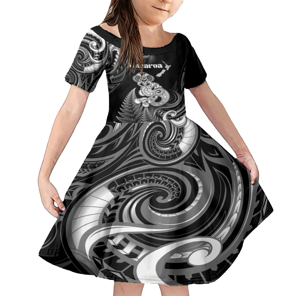 Personalised New Zealand Maori Taniwha Family Matching Tank Maxi Dress and Hawaiian Shirt Silver Fern Black Version LT05 Daughter's Dress Black - Polynesian Pride