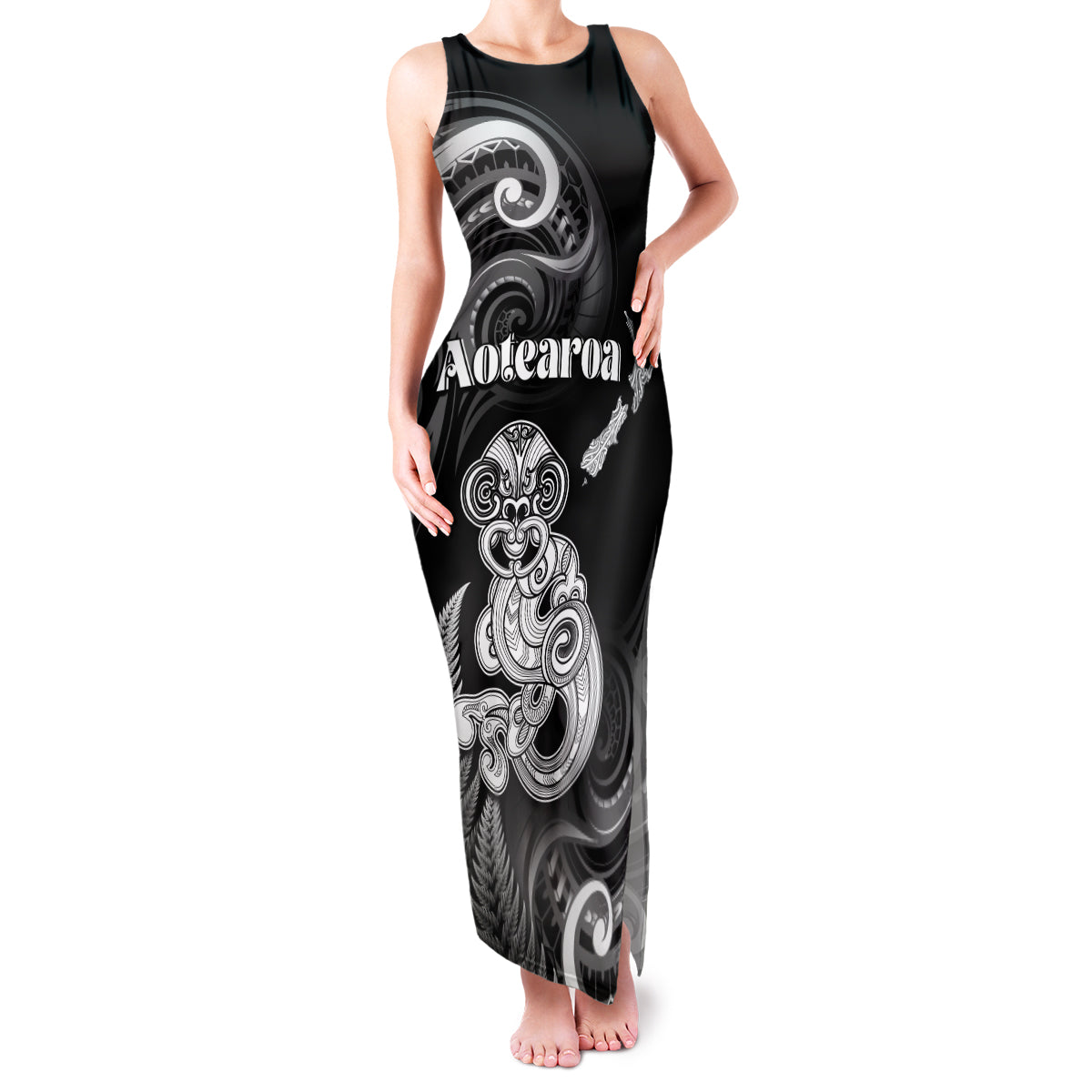 Personalised New Zealand Maori Taniwha Family Matching Tank Maxi Dress and Hawaiian Shirt Silver Fern Black Version LT05 Mom's Dress Black - Polynesian Pride