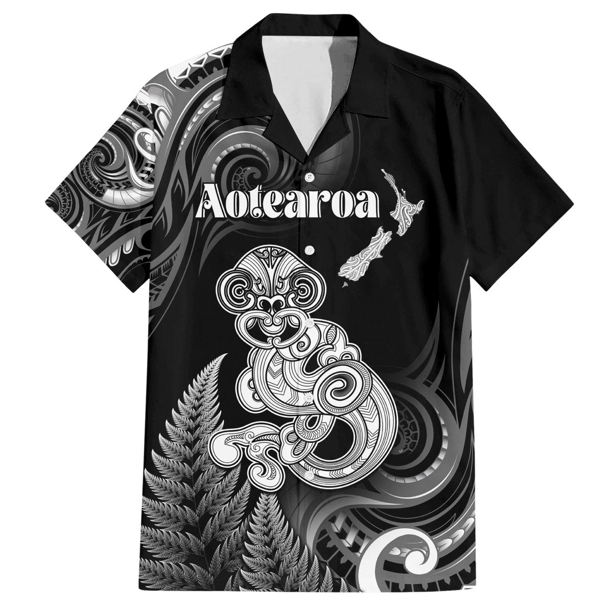 Personalised New Zealand Maori Taniwha Hawaiian Shirt Silver Fern Black Version LT05 Black - Polynesian Pride