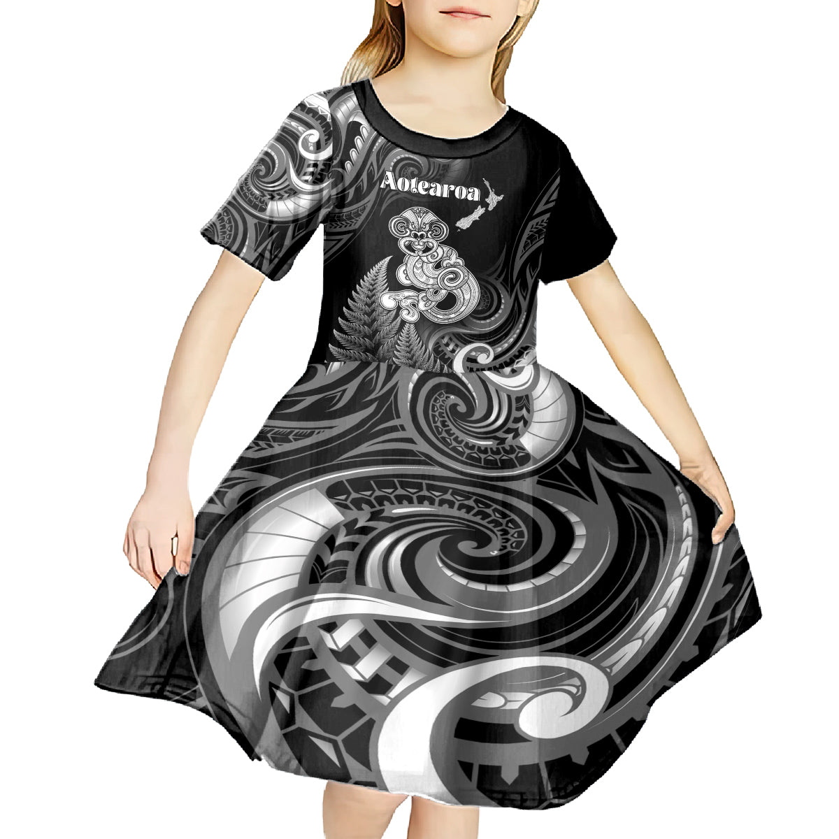 Personalised New Zealand Maori Taniwha Kid Short Sleeve Dress Silver Fern Black Version LT05 - Polynesian Pride
