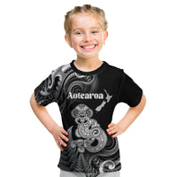 Personalised New Zealand Maori Taniwha Kid T Shirt Silver Fern Black Version LT05 Black - Polynesian Pride