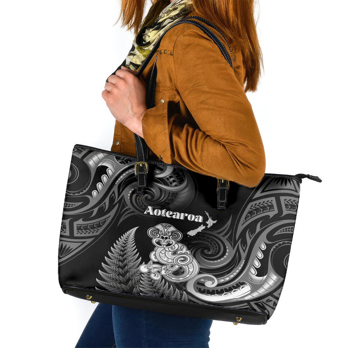 New Zealand Maori Taniwha Leather Tote Bag Silver Fern Black Version LT05 Black - Polynesian Pride