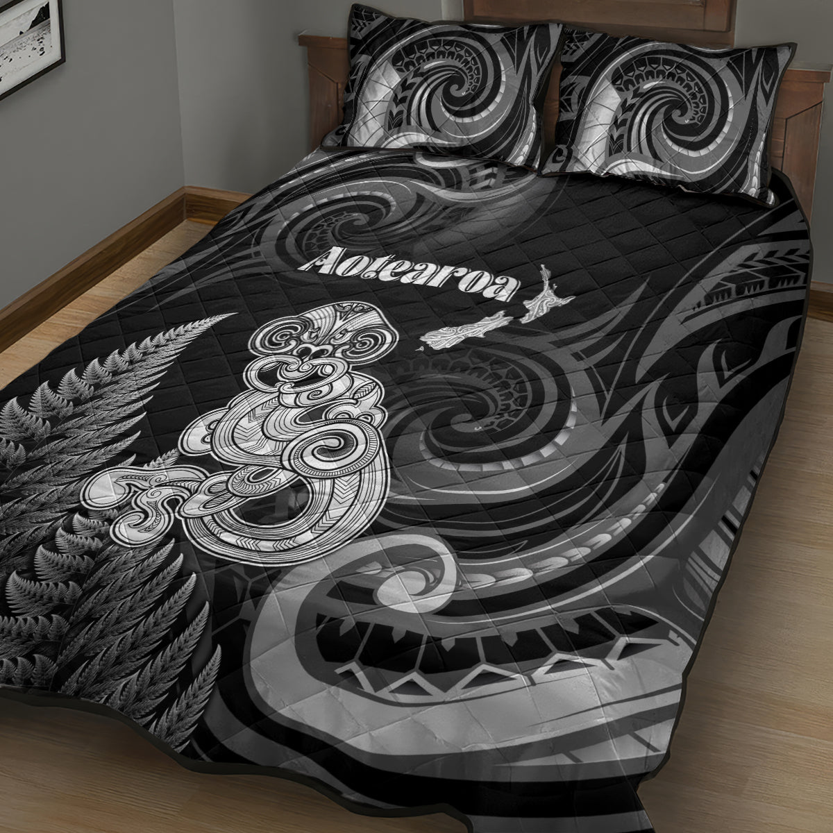 New Zealand Maori Taniwha Quilt Bed Set Silver Fern Black Version