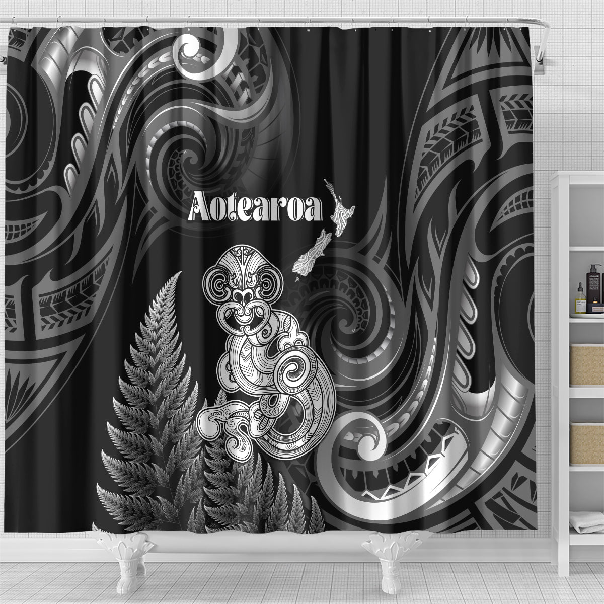 New Zealand Maori Taniwha Shower Curtain Silver Fern Black Version