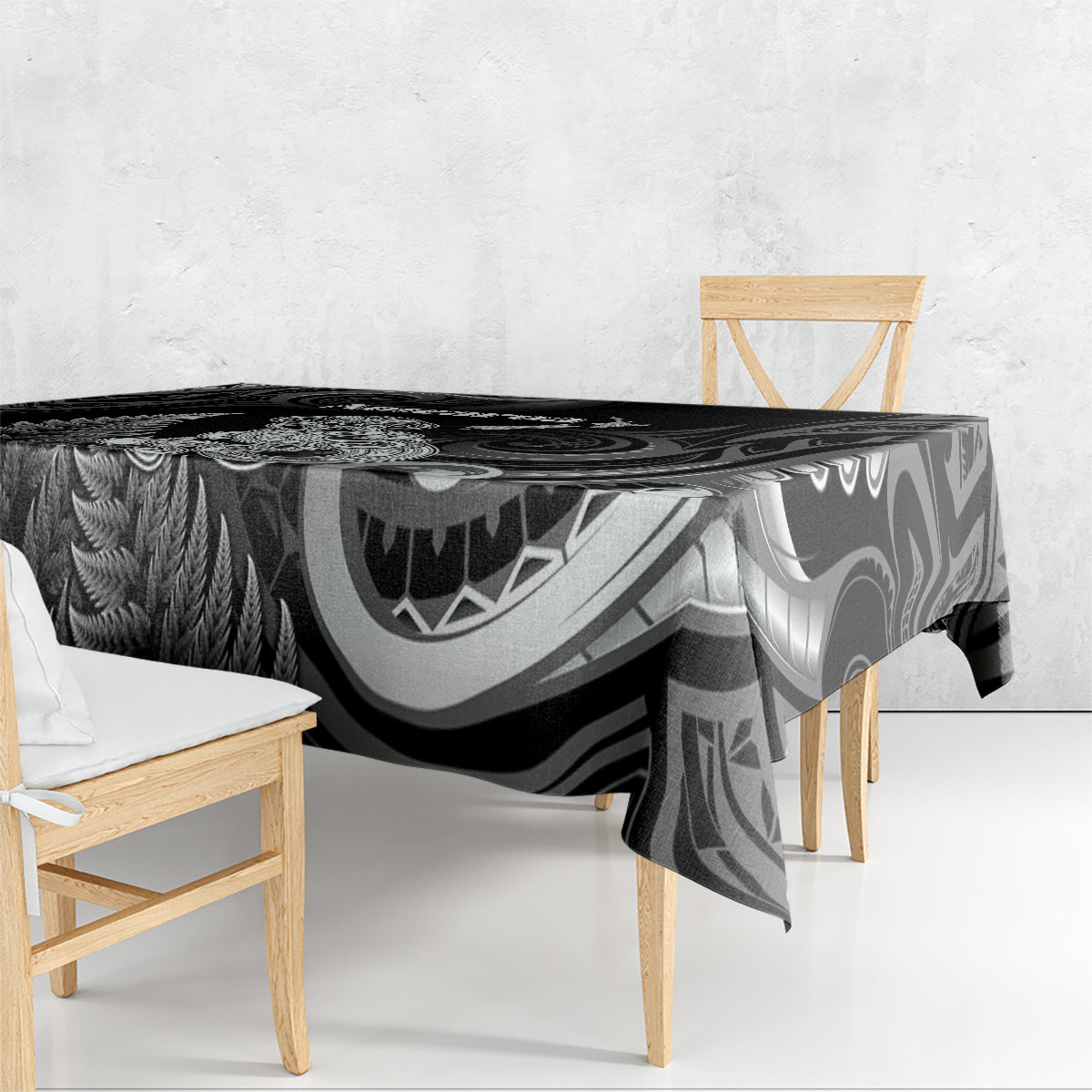 New Zealand Maori Taniwha Tablecloth Silver Fern Black Version
