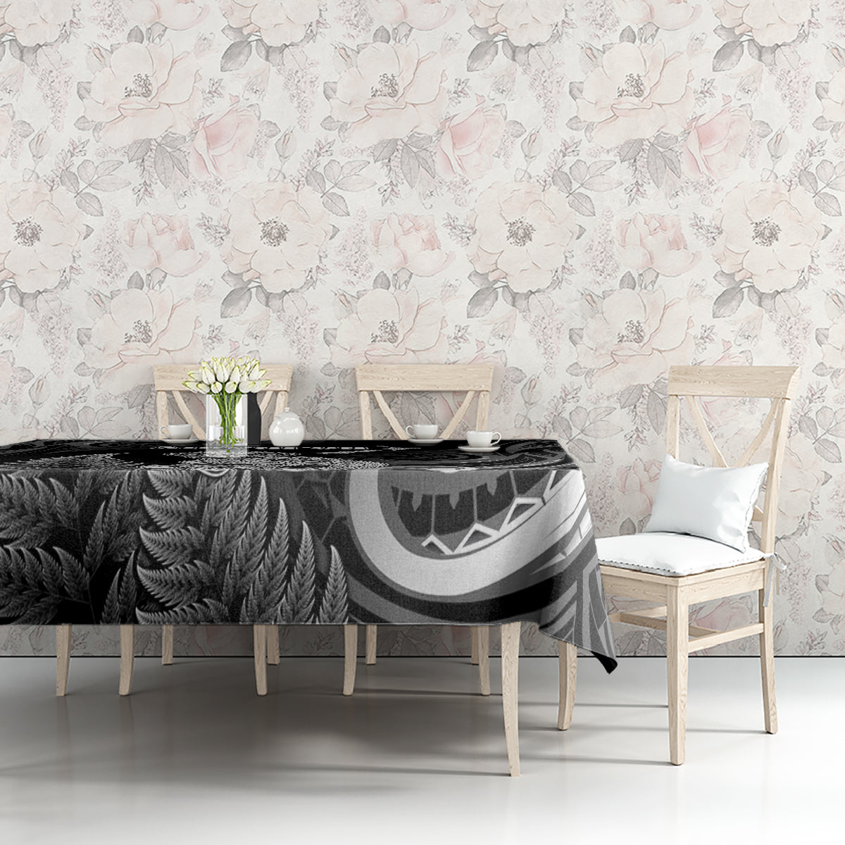 New Zealand Maori Taniwha Tablecloth Silver Fern Black Version