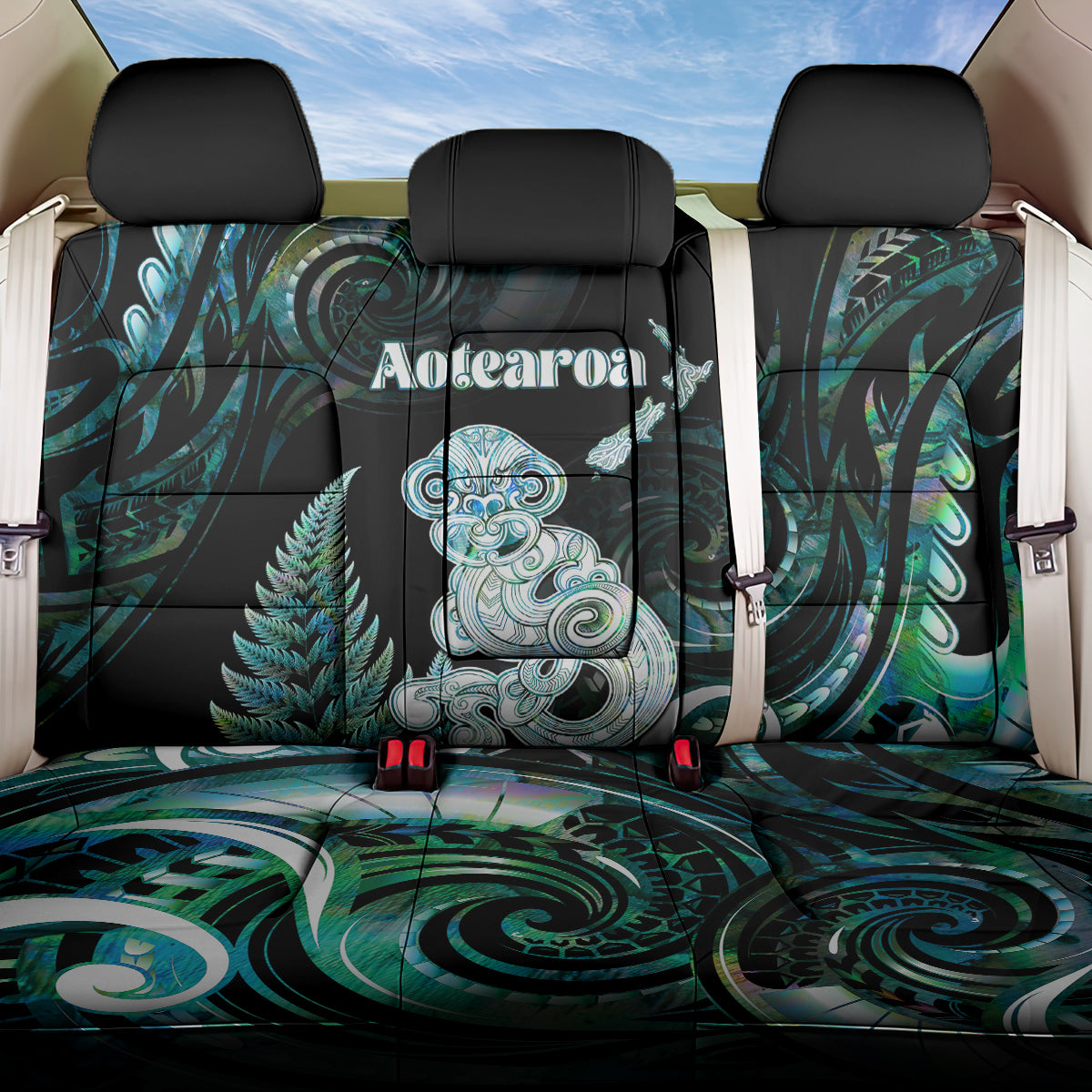 New Zealand Maori Taniwha Back Car Seat Cover Silver Fern Paua Shell Version LT05