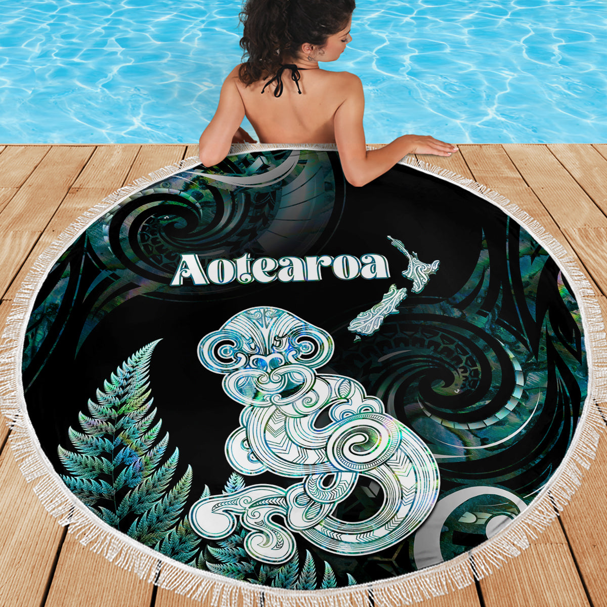 New Zealand Maori Taniwha Beach Blanket Silver Fern Paua Shell Version