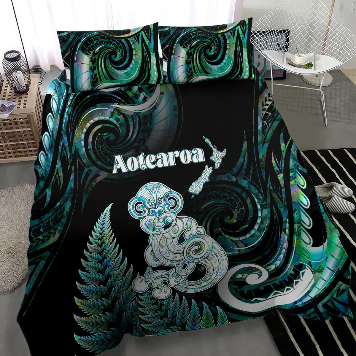 New Zealand Maori Taniwha Bedding Set Silver Fern Paua Shell Version