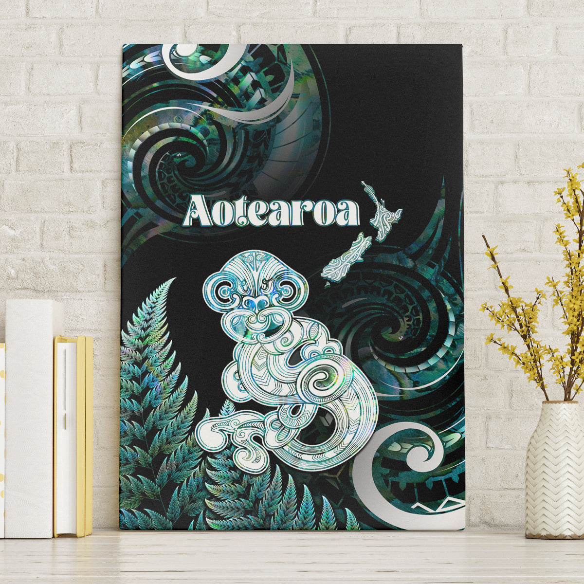 New Zealand Maori Taniwha Canvas Wall Art Silver Fern Paua Shell Version LT05 Without Frame Turquoise - Polynesian Pride
