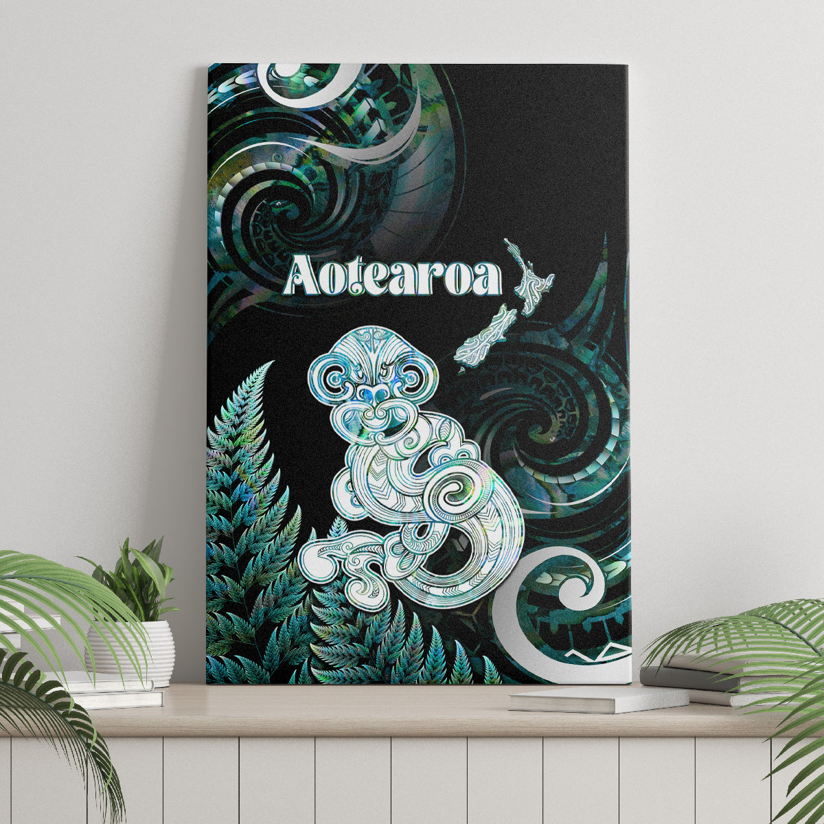 New Zealand Maori Taniwha Canvas Wall Art Silver Fern Paua Shell Version LT05 - Polynesian Pride