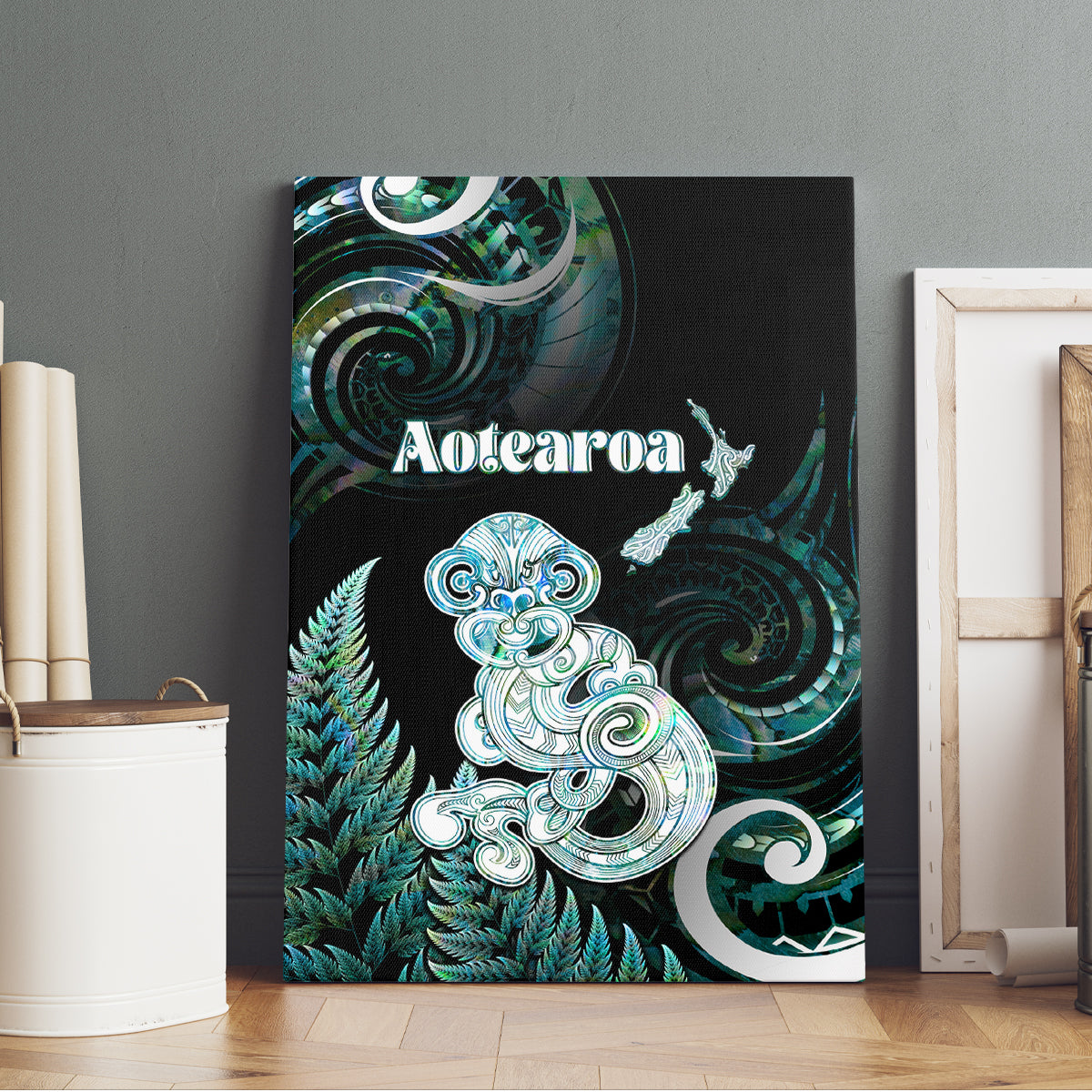 New Zealand Maori Taniwha Canvas Wall Art Silver Fern Paua Shell Version LT05 - Polynesian Pride