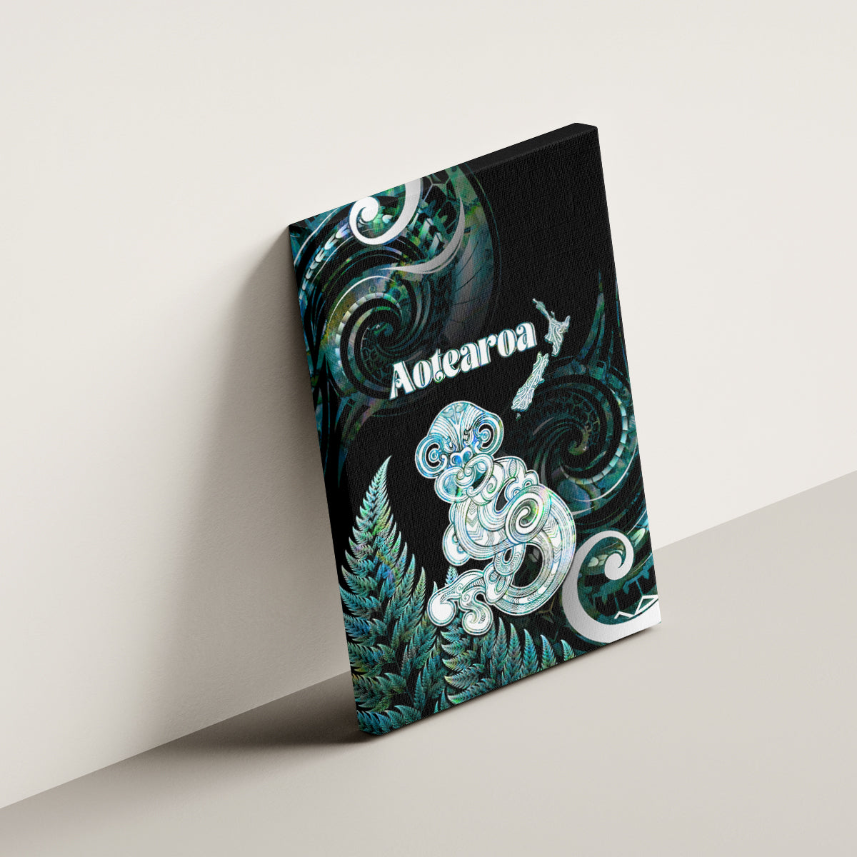 New Zealand Maori Taniwha Canvas Wall Art Silver Fern Paua Shell Version LT05 - Polynesian Pride