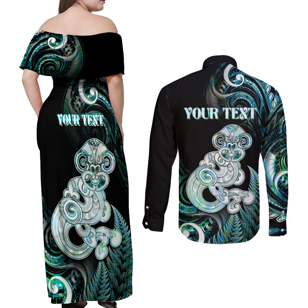 Personalised New Zealand Maori Taniwha Couples Matching Off Shoulder Maxi Dress and Long Sleeve Button Shirt Silver Fern Paua Shell Version LT05 - Polynesian Pride
