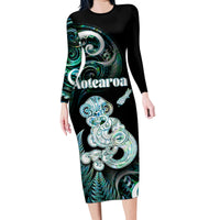 Personalised New Zealand Maori Taniwha Family Matching Long Sleeve Bodycon Dress and Hawaiian Shirt Silver Fern Paua Shell Version