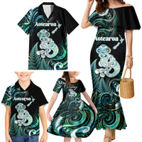 Personalised New Zealand Maori Taniwha Family Matching Mermaid Dress and Hawaiian Shirt Silver Fern Paua Shell Version LT05 - Polynesian Pride