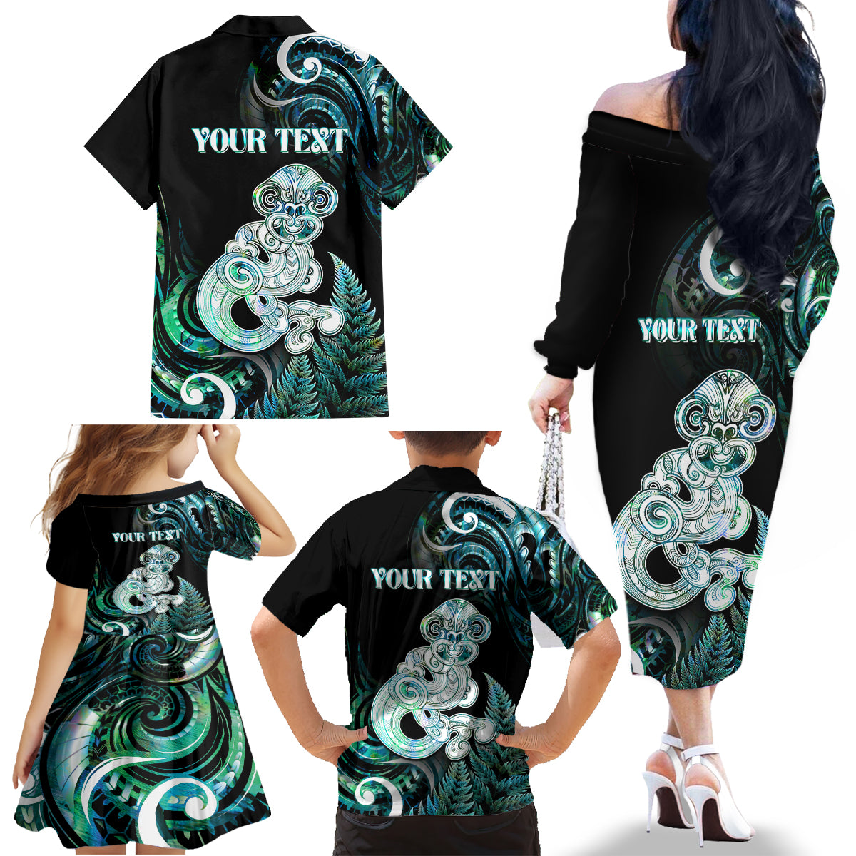 Personalised New Zealand Maori Taniwha Family Matching Off The Shoulder Long Sleeve Dress and Hawaiian Shirt Silver Fern Paua Shell Version