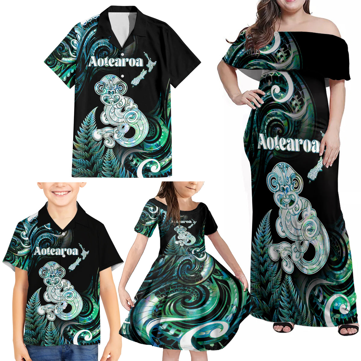 Personalised New Zealand Maori Taniwha Family Matching Off Shoulder Maxi Dress and Hawaiian Shirt Silver Fern Paua Shell Version LT05 - Polynesian Pride