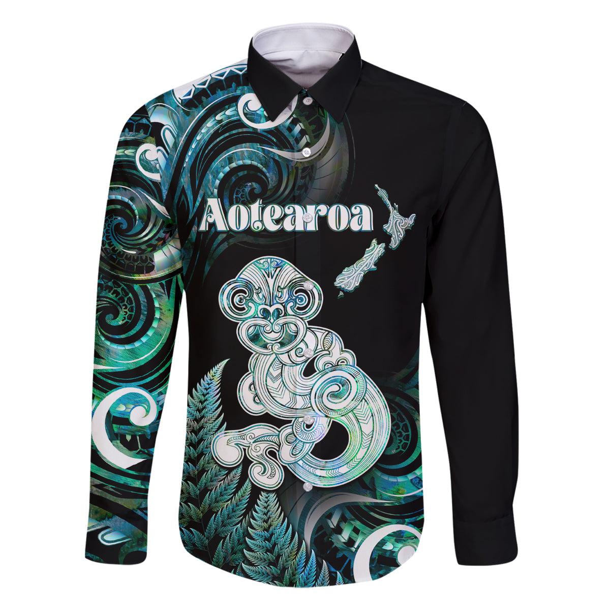 Personalised New Zealand Maori Taniwha Family Matching Off Shoulder Maxi Dress and Hawaiian Shirt Silver Fern Paua Shell Version LT05 Dad's Shirt - Long Sleeve Turquoise - Polynesian Pride